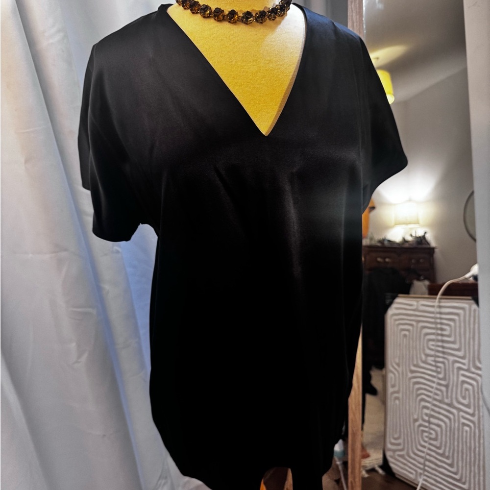 COS Black V-Neck Short Sleeve Top 100% satin silk